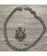 24&quot; Silver Cuban Link Chain w 2&quot; Tiger Pendant Miami Ice Out Faux Diamon... - £33.65 GBP