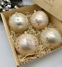 Set of 4 pearl Christmas glass balls, hand painted ornaments with gifted... - £44.23 GBP