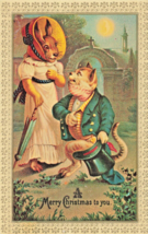 Merry CHRISTMAS-VICTORIAN Attired Anthropomorphic Cat Kneels To Rabbit~Postcard - £8.08 GBP
