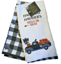 Halloween Haunted Hayride Dish Towels Set of 2 Farm Truck Pumpkin Buffalo Check - £17.65 GBP