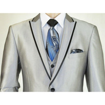 Men Tuxedo Formal Suit ROYAL DIAMOND Slim Fit 3Pc Vested shiny Satin SL82 Silver image 6