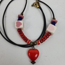 Vintage Hippie Hearts On Rope Ceramic Beaded Necklace 30 Inch - $20.57