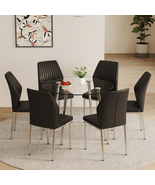 Modern 38.6&quot; Round Tempered Glass Dining Set &amp; 6 Black PU Chairs - $792.16 CAD