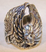 DELUXE SKULL WHEELS WING SILVER BIKER RING BR167  jewelry NEW mens rings... - £6.05 GBP
