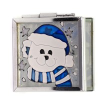 Small Stain Glass Teddy Bear Top Winter Blue Mirrored Footed Trinket Box Vintage - £9.37 GBP