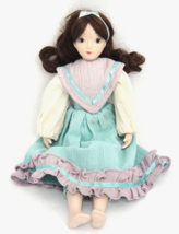 Vintage Porcelain Doll Brown Hair Eyes Aqua Purple Dress Bloomers 13.5&quot; - £11.27 GBP