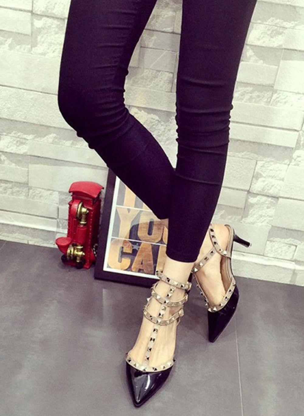 Celeb Style Ankle Strappy Stud Rivet Patent Leather Heels Pointy Toe Pumps Flats
