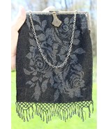 Vintage 1920s Art beaded Mesh Metal enclusure Flapper Purse BLACK ROSE - $95.72 CAD