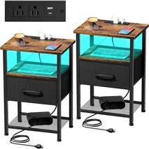 Nightstands Set Of 2 With Charging Station And Drawer, End Table, Rustic... - $73.99