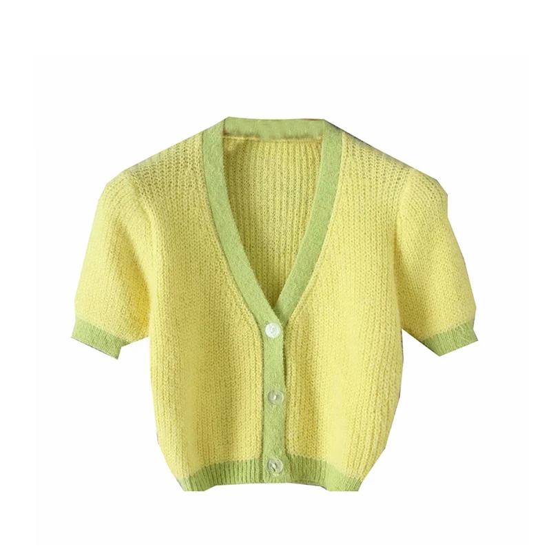Pink cardigan womens s korean crop  yellow autumn tops short sleeve v neck short - £104.56 GBP