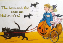 Halloween Postcard Fantasy Tucks 1913 Black Cats Bats Children Pumpkin Cart 190 - £56.70 GBP