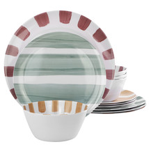 Gibson Home Cottage Stripes 12 Piece Melamine Dinnerware Set in White an... - $46.95