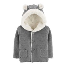 Carter&#39;s Baby Size 3 months Gray Sherpa Lined Knit Cardigan Hoodie Brand New - £12.09 GBP