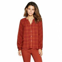 NWT Universal Thread Plaid Long Sleeve Crewneck Button-Front Peasant Top... - £11.02 GBP