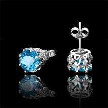 Luxury Round Created Sky Blue Topaz Earrings Solid 925 Sterling Silver Gemstone  - $49.17