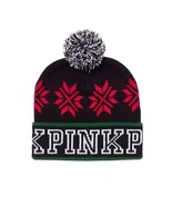 Victoria&#39;s Secret PINK Logo ~ Pom-Pom Beanie ~ Knit Hat ~ Black ~ Fair Isle - $35.08 CAD