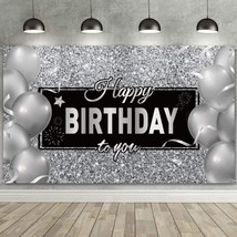 Silver Happy Birthday Banner Backdrop Silver Birthday Party Decorations Black Wh - £14.37 GBP
