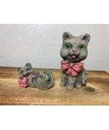 Vintage Lot of 2 Cat Figurines Gray Green Eyes Pink Bow Resin approx 2&quot; - £6.49 GBP