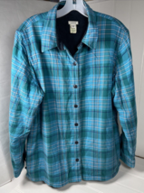 LL Bean Shirt Blue Green Flannel Lined Sherpa Fleece Cotton Shirt/Jacket Mens L - $26.95