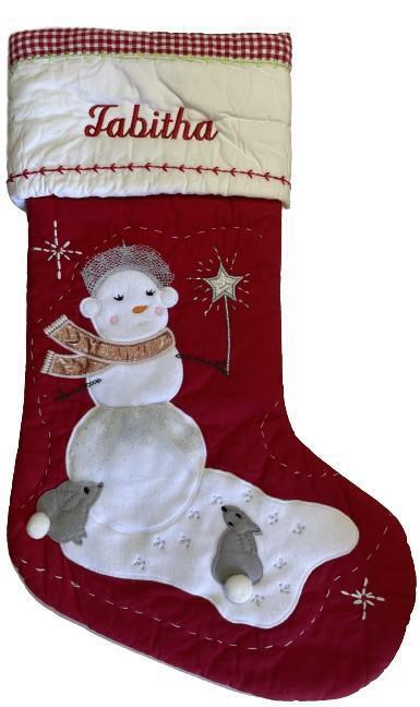 Primary image for Pottery Barn Quilted Snowgirl w/ Bunnies Christmas Stocking Monogrammed TABITHA