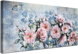 Flowers Canvas Wall Art Abstract Peony Landscape Painting - Large 40&quot;X20&quot;, Pink  - £62.74 GBP