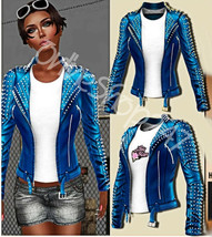 New Woman Blue Silver Spiked Studded Punk Rock Style Biker Leather Jacket Belted - £239.79 GBP