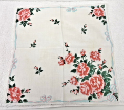 Vintage Hankie Shades of Pink Roses Green Leaves w Bows  13 Inch - $13.50 CAD