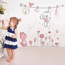 Pink Cartoon Cat Rabbit Flower Wall Sticker For Baby Girls Kids Rooms Home Decor - £4.08 GBP