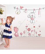Pink Cartoon Cat Rabbit Flower Wall Sticker For Baby Girls Kids Rooms Ho... - $96.86 MXN