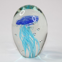 Art Blown Glass Blue Swirl Jellyfish Decorative Sculpture Fish Paperweight  - $9.75