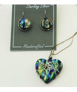 Dicrotic Fused Glass Heart Sterling Silver Wire Wrapped Necklace Earring... - $44.95