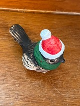 Small Enesco Marked Cute Rustic Brown Ceramic Bird w Red Santa Claus Hat &amp; Wreat - £9.02 GBP