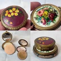 Floral Compact Vtg Lot Of 2 Painted Flowers Mirrored Vanity Case Powder ... - $39.55