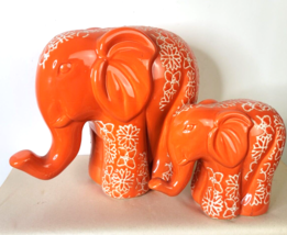 Elephants Mother And Baby Bright Orange  Ceramic NOS Carved Flowers - £27.25 GBP