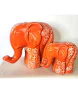 Elephants Mother And Baby Bright Orange  Ceramic NOS Carved Flowers - £27.13 GBP