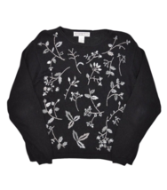 Dress Barn Sweater Womens M Black Floral Crewneck Ramie Knit Embroidered - £11.16 GBP