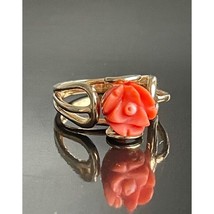 14K Yellow Gold &amp; Carved Coral Flower Ring Size 6.5 Sky - $445.54