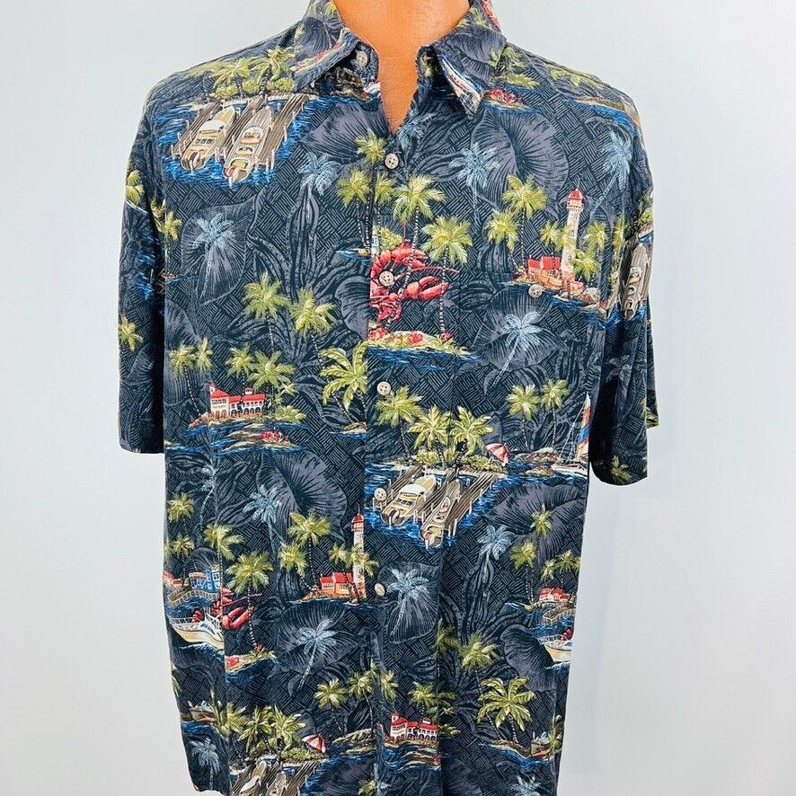 Campia Hawaiian Aloha XL Shirt Tiki Huts Boats Palm Trees Ocean Islands Tropical Item image 2