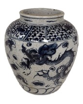 Vintage Style Reverse Blue and White Porcelain Dragon Motif Flower Vase 8&quot; - $118.79