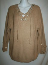 Jodifl Boutique MEDIUM Chunky Knit Tunic Sweater Beige Lace Up Grommets Neckline - £10.65 GBP