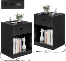 Quimoo Nightstand Set Of 2 With Charging Station. Bedside Table With 1, Black - £128.68 GBP
