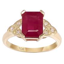 10k Yellow Gold Vintage Style Genuine Emerald-Cut Ruby and Diamond Ring - £159.49 GBP