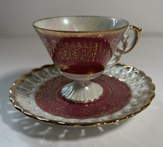 Tea cup and Saucer  Enesco  #2684 Red White Lusterware Gold Trim Handle Japan - £25.74 GBP