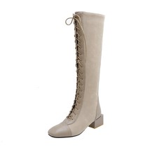 QUTAA 2021 Autumn Winter Square Toe Lace Up Zipper Knee High Boots Square Heel F - £71.37 GBP