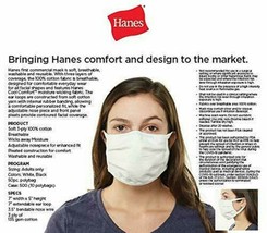 Brand New-Washable &amp; Reusable,100% Cotton Face Mask,Bulk 50 Pack-White, by Hanes - £11.70 GBP