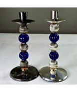 Vintage 70&#39;s Pair Candlesticks Fluted Brass Silver Plated &amp; Cobalt Blue ... - €24,14 EUR