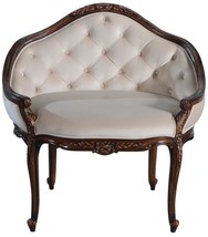 Settee Caroline HAND-CARVED Antiqued Wood Beige Velvet Button Tufted - £1,062.34 GBP