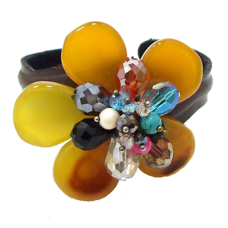Trendy Floral Fashion Yellow Agate Leather Band -Style2 - $13.36