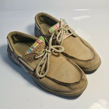 SPERRY Girls Size 5.5 Topsider Intrepid Boat Shoes Tan Leather Rainbow Strip - £8.05 GBP