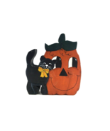 Halloween Black Cat Jack-O-Lantern  Folk Art  Wood Decor Signed - £15.53 GBP